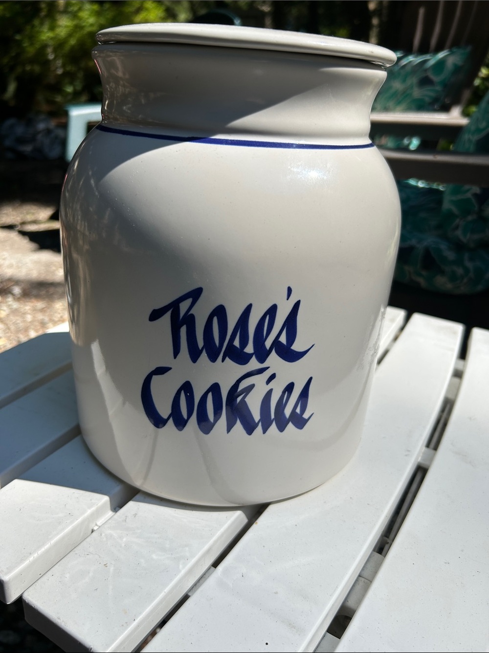 White Ceramic Cookie Jar with Blue Accents